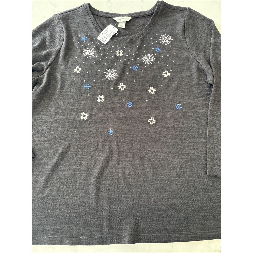 CJ Banks Black Round Neck 3/4 Sleeve Snowflake Sweater Womens 1X Embroidered